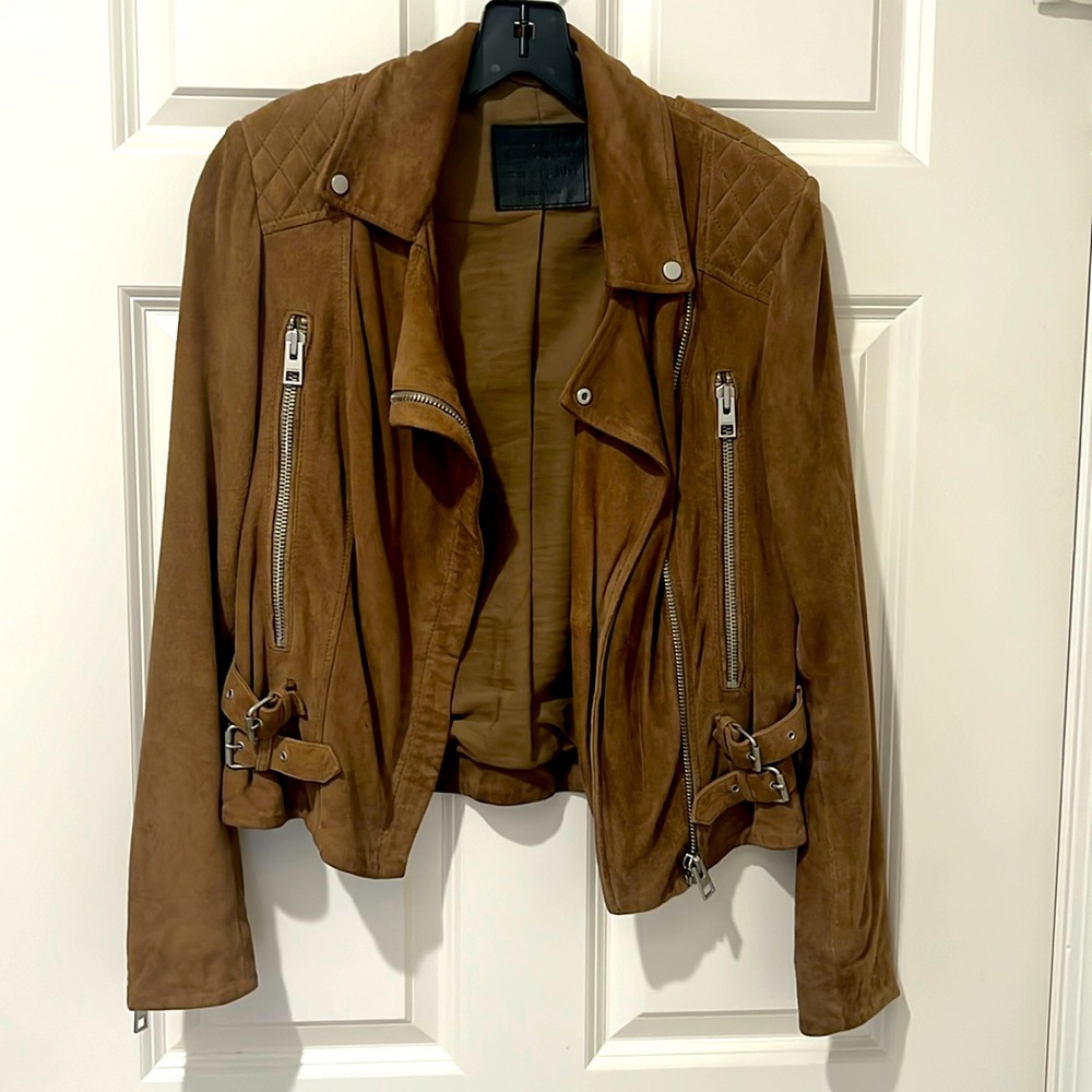 All Saints Tan Suede Moto Jacket, size US 6
